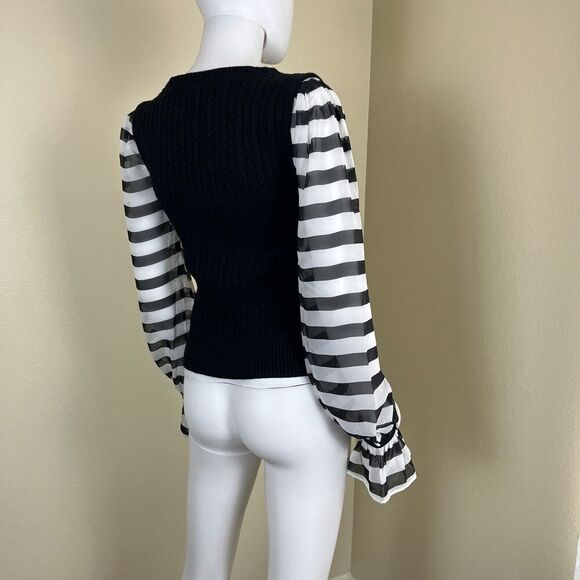 Maeve Women's Size S Black Contrast Sheer Sleeve Cable Knit Striped Sweater Goth - Picture 16 of 16